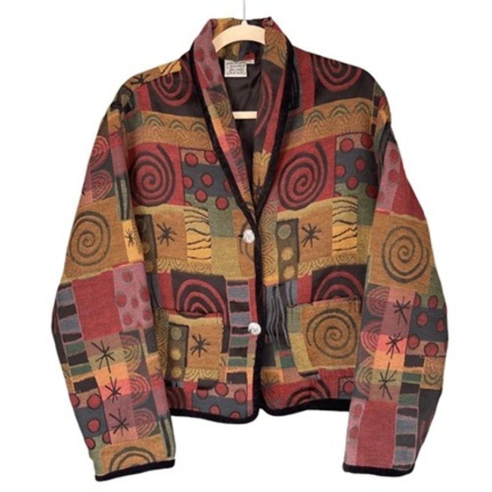 S3 90s VTG Parsley & Sage Tapestry Blazer‎ Jacket Abstract Velvet Trim Artsy